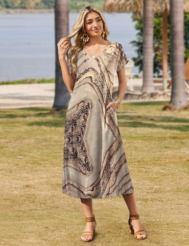 Summer Floral V-Neck Maxi Dress Short Sleeve Casual Beach Dress with Pockets - Picture 3 of 109