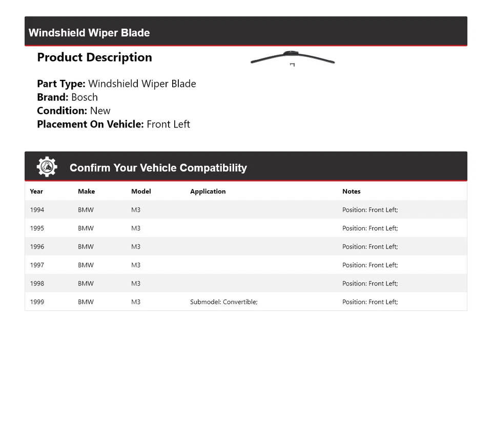 For 1994-1999 BMW M3 Bosch Windshield Wiper Blade Evolution Front Left 1995 1996 - Image 2 of 4