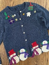 Vtg Over The Top Crazy Busy Ugly Christmas Cardigan Sweater Snowman M L