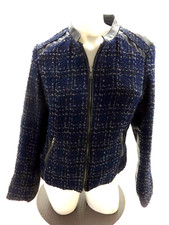 Christopher & Banks Womens Navy Tweed Faux Leather Trimmed Jacket Size M