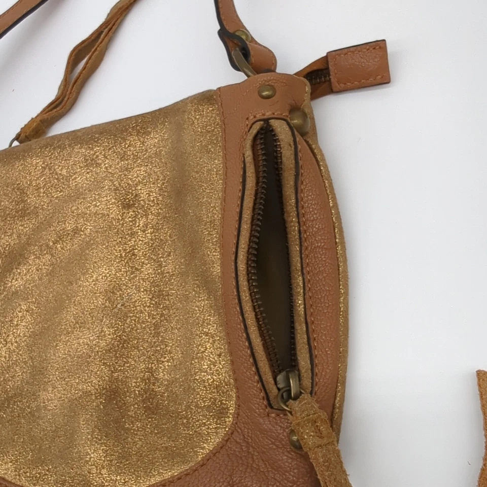Bolso Bandolera TANO Marrón Dorado Gamuza Cuero Boho Hobo Hippie Rústico RARO Foto 4 de 4