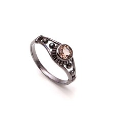 Delicate Smoky Quartz Round Ring 925 Sterling Silver Black Oxidized Jewelry