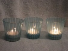 Set Of 3 Turquoise striped Votive Tealight Glass Candle Holders 2 1/2" candles