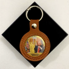 Gold-Plated Donald J. Trump White House Novelty Coin Keychain in PU Leather