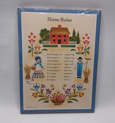 Vintage 1992 Grafik Grüße Hausregeln 8" x 6" Holz Plakette - Bild 1 von 8
