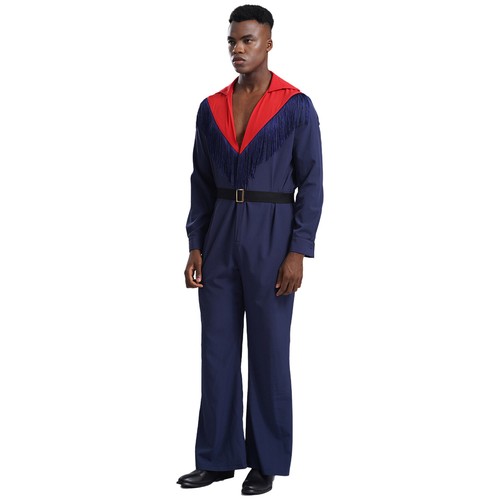 Mens Rock Disco Costume Long Sleeves High Rise Jumpsuit Zipper Outfits with Belt - Picture 12 of 52