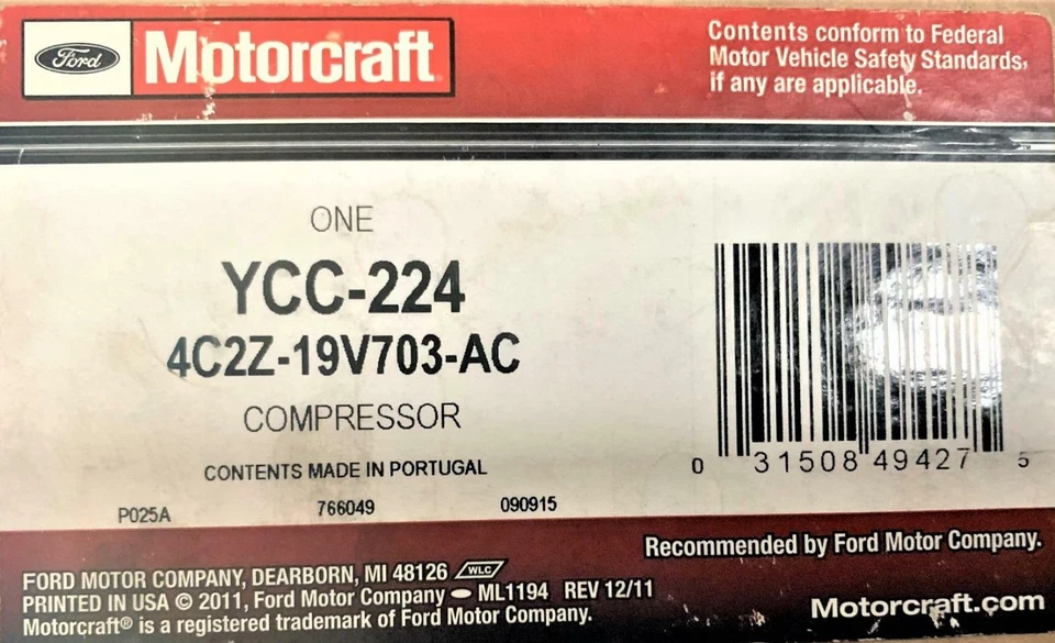 Compresor de aire acondicionado con embrague YCC-224 Motorcraft para Ford E-350 Super Duty 2004-07 Foto 4 de 4