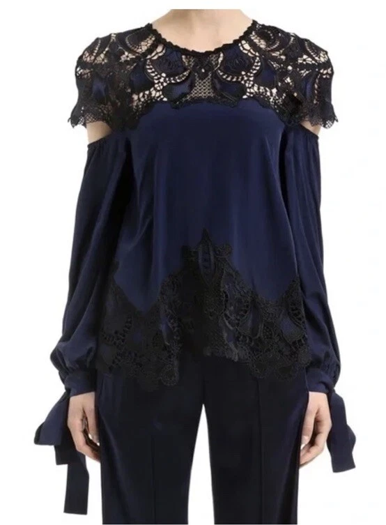 Camisa Johnathan Simkhai Seda Hombro Frío Manga Larga Talla Mediana Azul Negra