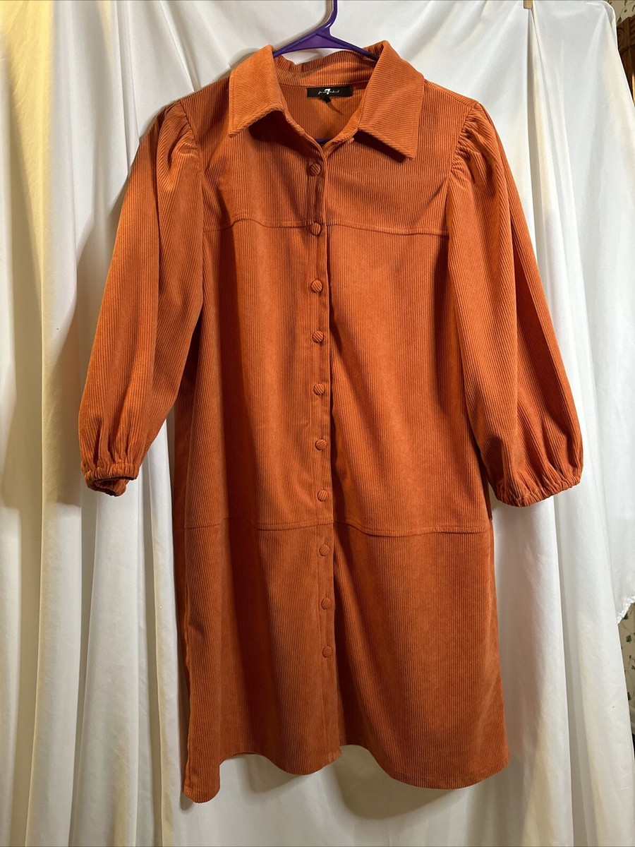 orange corduroy dress Cute in Small Slightly stretchy corduroy shapes this adorable dress that has long balloon sleeves with button cuffs and a flattering square neckline Gold Flame Corduroy Snap Button