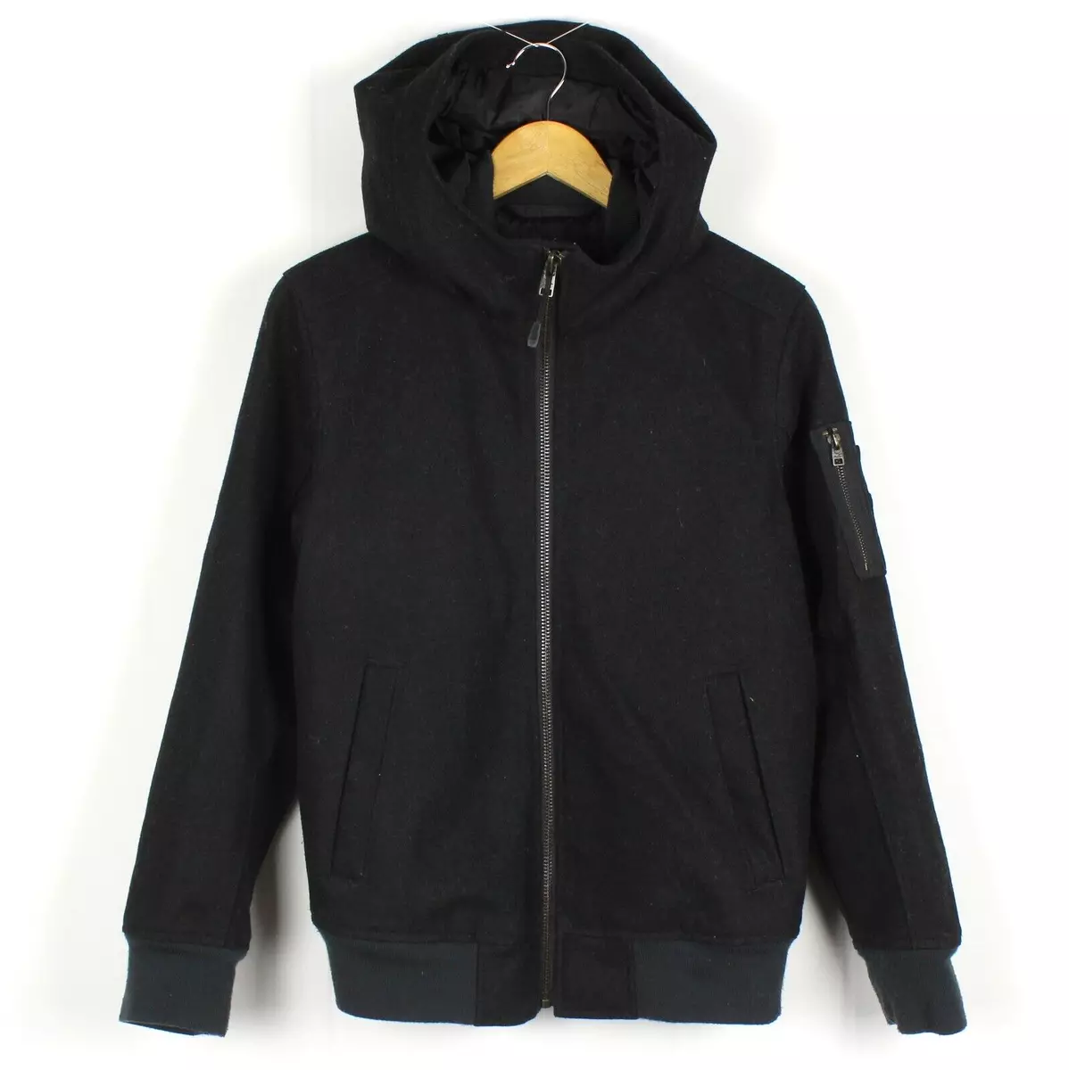 Hollister Hombre Bomber Chaqueta TALLA XS Capucha Negro Lana Bolsillos Full  Zip