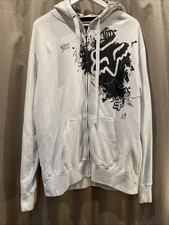 Vintage Y2K Fox Racing Hoodie Zip Up Size L White Grunge Sweatshirt Jacket