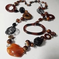 Bohemian Style Acrylic Wood Ring Stone Wire Bead Link Long Necklace 38"-42"