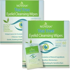 NOVEHA 120Pcs Tea Tree Oil Eyelid & Lash Wipes With Hyaluronic Acid Green Tea...