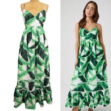 sz S NEW FOREVER 21 Green & White Cotton TROPICAL Pattern CAMI MAXI SUNDRESS NWT