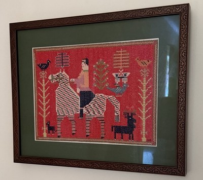 Vintage Framed Folk Art Embroidery Horse Rider Needlepoint Wall Hanging 17x14