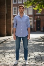 Tommy Hilfiger Men's Blue White Striped Cotton Button-Up Long Sleeve Shirt XL