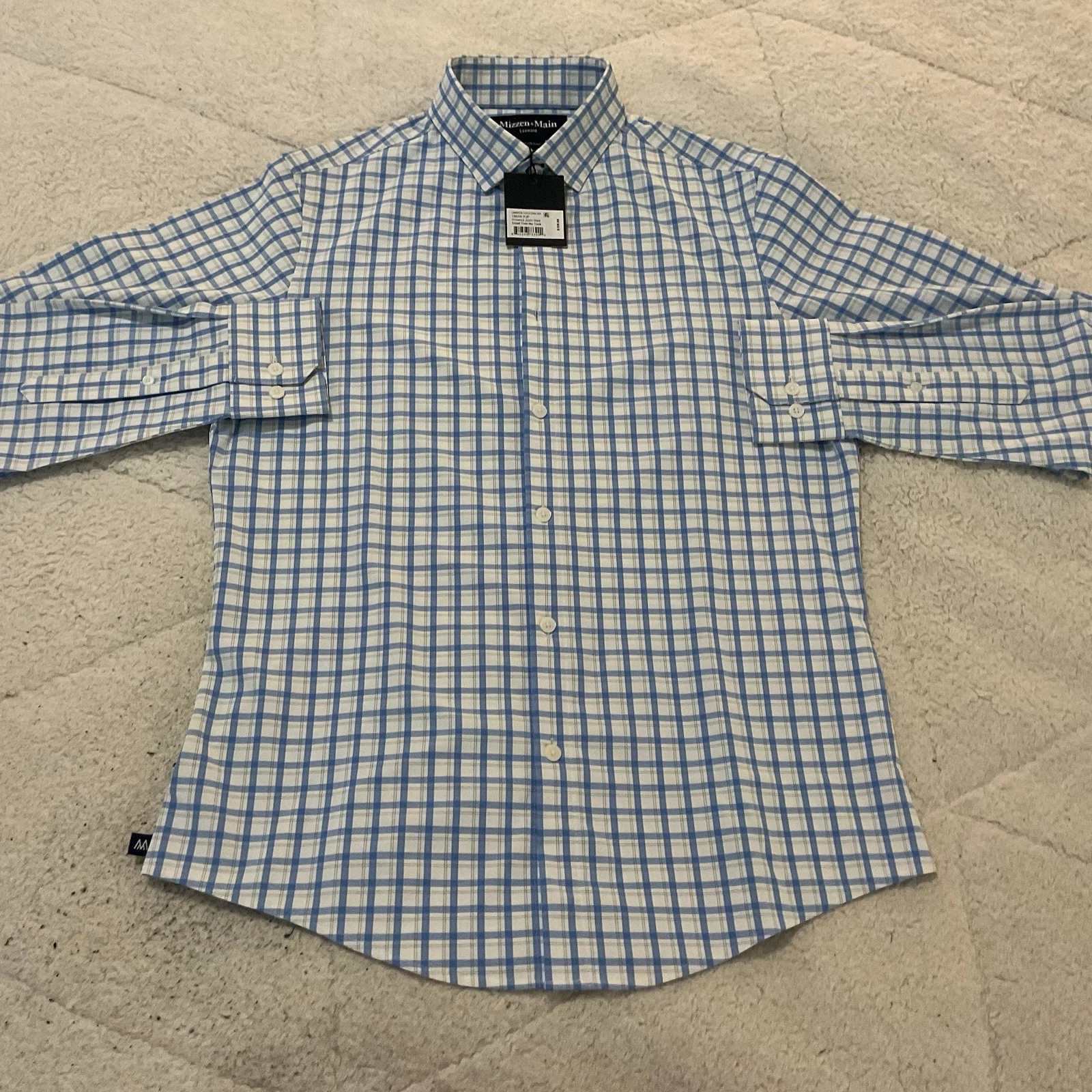 NWT Mizzen Main Leeward Shirt Mens S Trim Fit Blue White Check Plaid Performance
