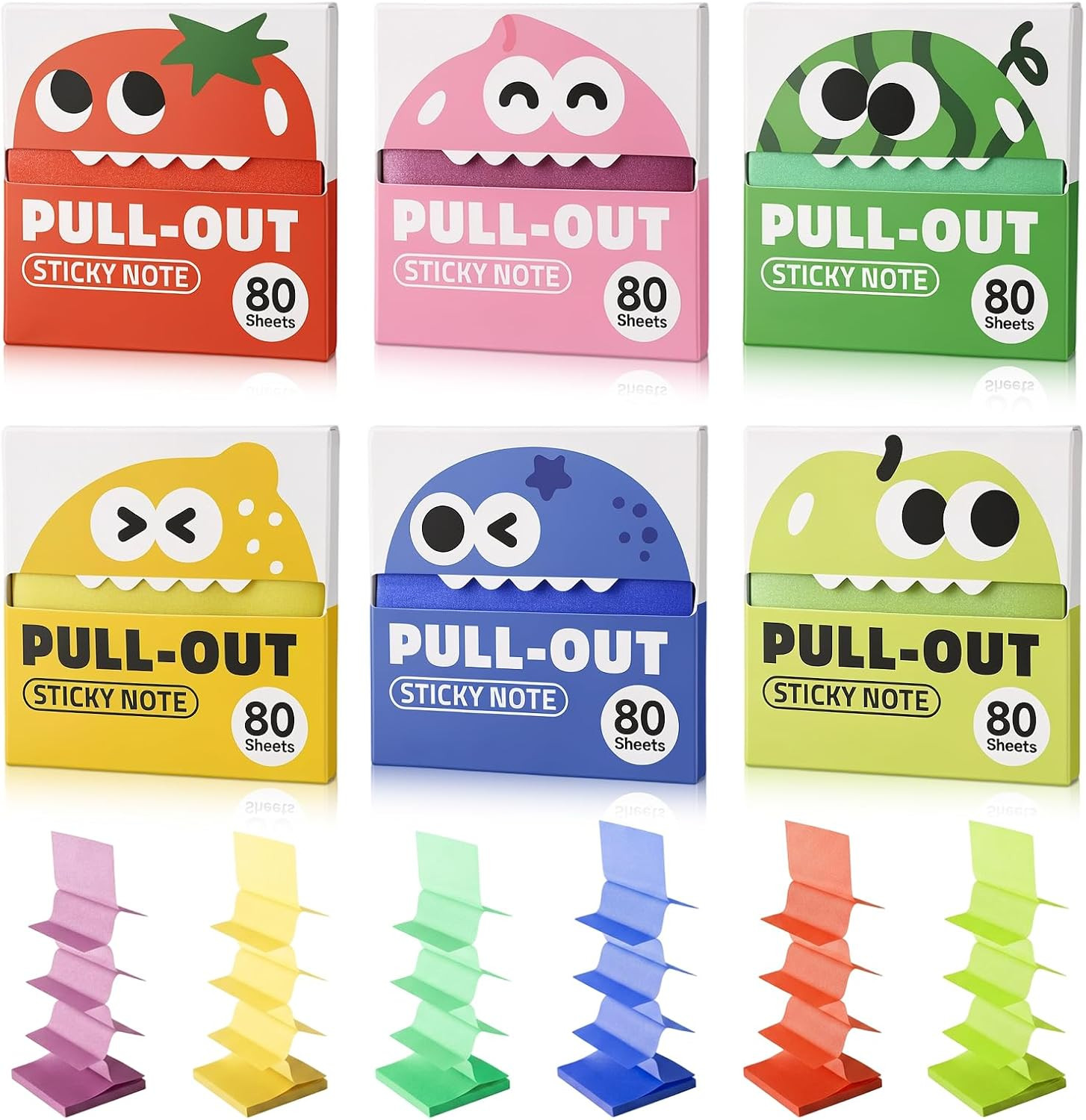 6 Boxes Glitter Transparent Sticky Notes, Fruit Monster Cartoon Pull‑Out Pop‑Up