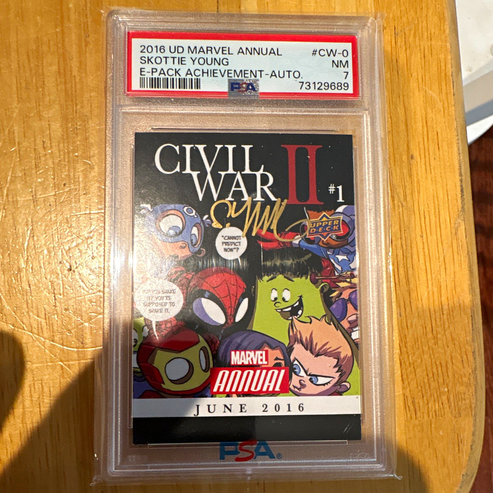Upper Deck 2016 UD Marvel Annual Skottie Young Auto CW-0 PSA 7 Civil War II #1 view 2