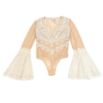Victoria s Secret Lace Teddy Bodysuit Size S Nude Pink Bell Long Sleeves