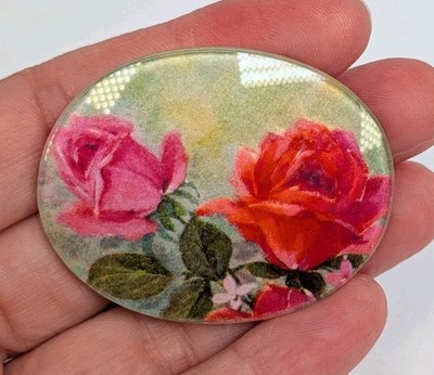 Vintage Cottagecore Revival Floral Pink Rose Art Glass Decoupage Brooch / Pin