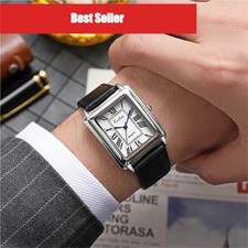Reloj pulsera de cuarzo de moda para hombre correa de cuero estuche rectangular esfera numérica romana