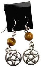 Tiger Eye Bead & Pentagram Pierced Earrings with Surgical Steel Hooks!