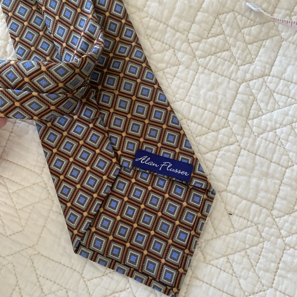 Corbata Alan River Diamante Cuadrada Geométrica Para Hombre 100% Seda Dorado Azul Gris Foto 4 de 4