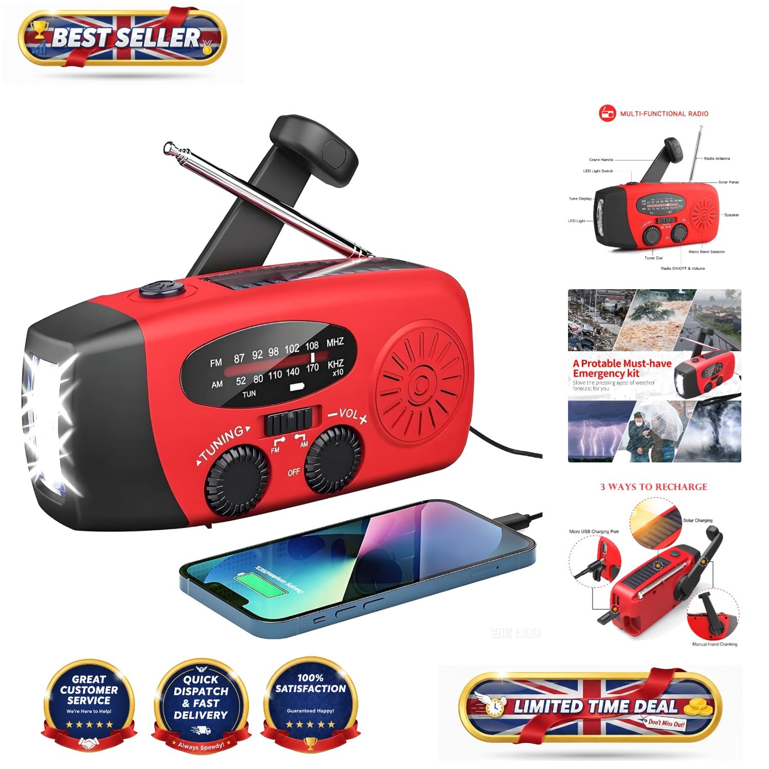 Portable Solar Hand Crank Radio & Power Bank - 2000mAh Emergency Essential
