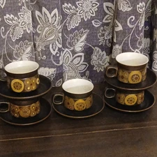 Denby Arabesque Vintage Mid Century Modern Set of 5 Coffee Cups and Saucers sk-d