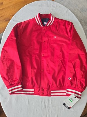 Champion Jacket Mens Large Red & White Logo Varsity Striped Trim NWT Item #0369