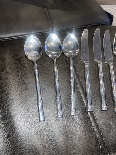 Hampton Silversmiths Stainless Flatware Bamboo Pattern 3 Knives, 3 Spoons 3Forks - Picture 2 of 6