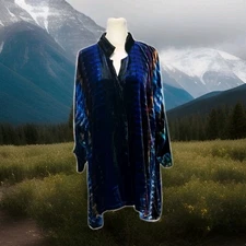 Dressori Velvet Silk  Women’s Large Boho Black Blue Snap Front Rich Luxurious!💎