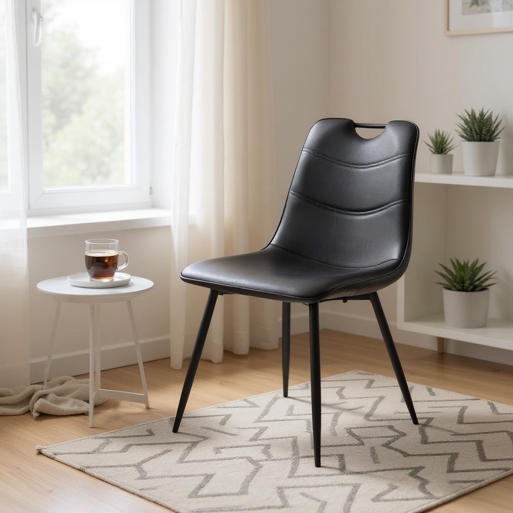 Dining Office Chair Retro Black Faux Leather Eiffel  Metal Legs Black Finish