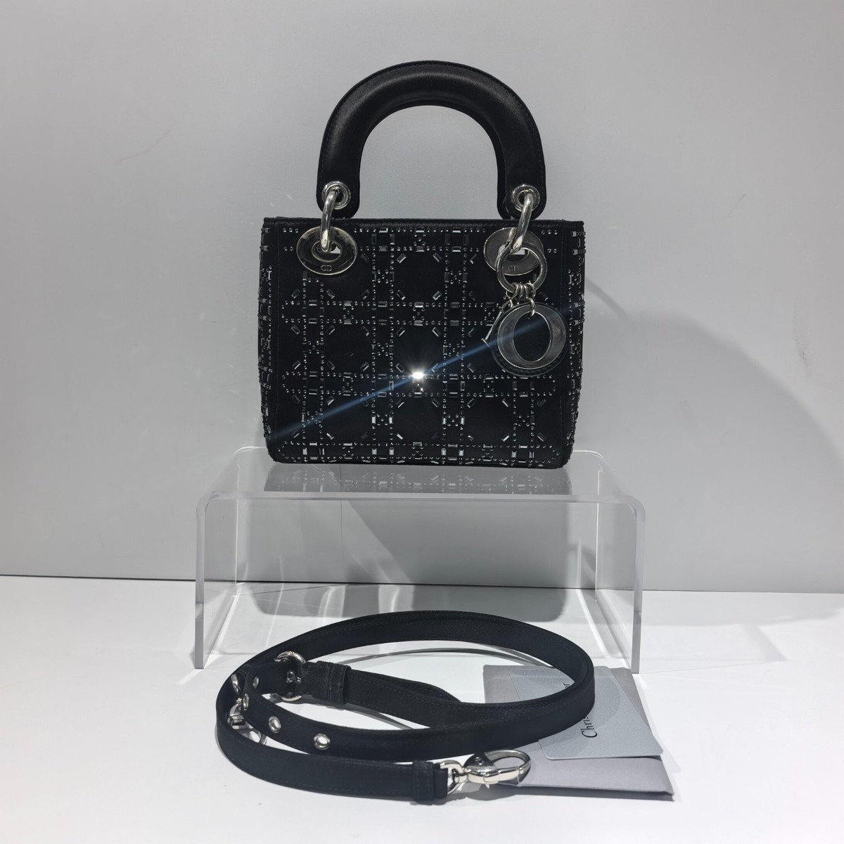 Dior Black Silk Crystal Mini Lady Dior Top Handle Shoulder