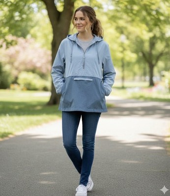 Thread & Supply Women s Blue Pullover Windbreaker Hooded Jacket Pockets X-Large