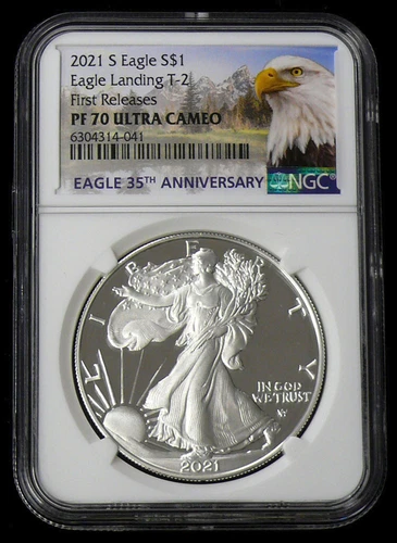 2021-S PF-70 ULTRA CAMEO FIRST RELEASE T-2 SILVER EAGLE NGC BALD EAGLE LABEL