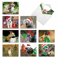 10 Assorted Merry Christmas Note Cards with Envelopes - SANTA CAPPED CREATURES