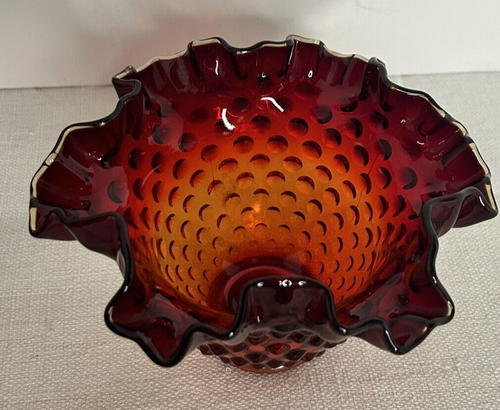 Fenton Amberina Ruby Red Hobnail Rose Bowl Vase Crimped Ruffled 4” UV Reactive - Picture 3 of 18