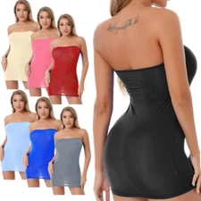 US Women's Strapless Cover Up Slip Tube Semi Sheer Stretchy Mini Bodycon Dress