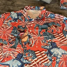 Golf Shirt Mens XL Polo Shirt Dinosaur USA Flag Red Funny Print T Rex Dino