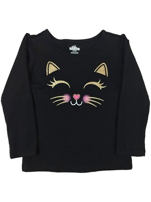 Toddler Girls Black Cat Glitter Face Long Sleeve Shirt Halloween T-shirt 2T 