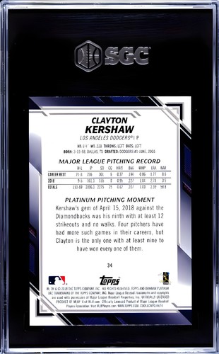 2019 Bowman Platinum Clayton Kershaw RED /10 SGC 9 MINT NONE GRADED HIGHER - Picture 2 of 2