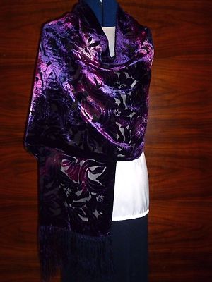 Sciarpa Di Velluto Devoré Viola/rosa Con Disegno Floreale Su Seta Nera - Elegante E Nuova