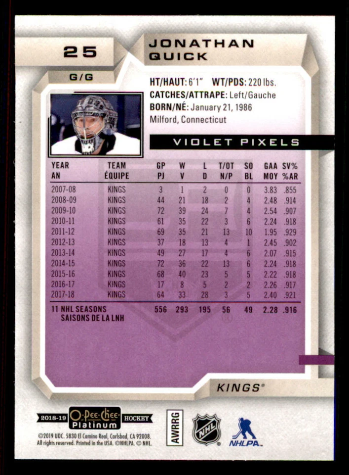 2018-19 O-Pee-Chee Platinum Violet Pixels #25 Jonathan Quick - Image 2 of 2