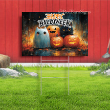 Smiling ghosts, pumpkins, and black cat Halloween yard sign