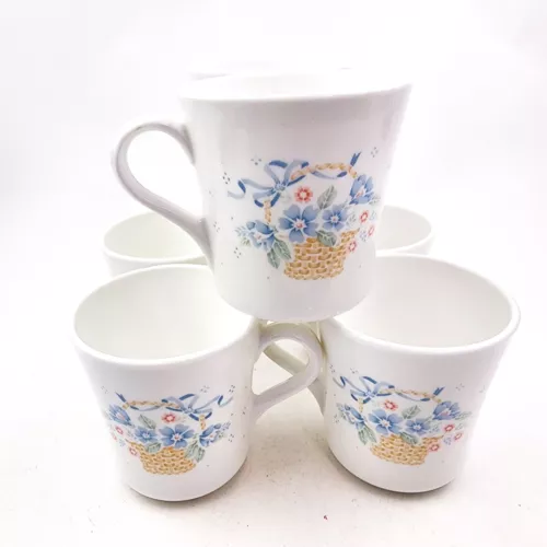 Vintage Corning Country Cornflower Coffee Mug Cup Blue Flower Basket  Lot of 6 a