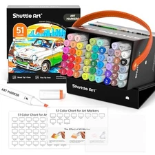 Shuttle Art Alcohol Markers, 50 Colors Dual Tip Art Marker Set Plus 1 51 Colors