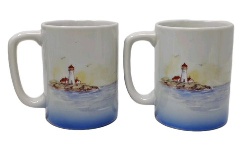 VTG Otagiri Nautical Coffee Mug Cup Seaside Fishing Boat Seagull Lighthouse x 2 - Picture 5 of 10