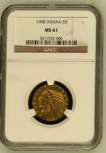 1908 Gold Half Eagles $5 Indian Head NGC MS-61 Pre-1933 Gold